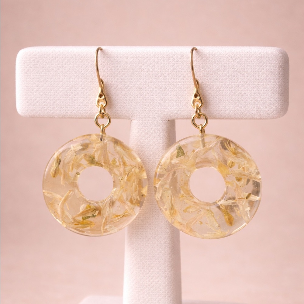 Floral Resin Circle Drop Earrings Gold Tone Dried Flower Boho Neutral